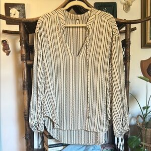 Free People Tan and White Long Sleeve Tie Front Blouse